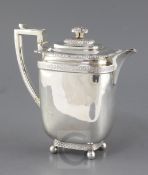 A George V silver hot water pot, by John Hunt, of rectangular form, with "basket" weave bands and