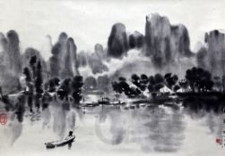 Two mid 20th century Chinese printed scrolls, the first depicting a fisherman on a river, image 79.5