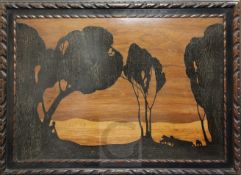 A Rowley Gallery marquetry panel, depicting a figure beneath trees and a wolf pack, 20 x 30in.