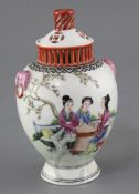 An unusual shape Chinese famille rose ovoid vase and cover, Republic period, painted with ladies