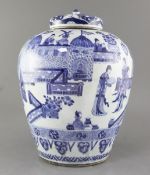 A large Chinese blue and white ovoid jar, Kangxi period, painted with the figures of ladies on