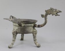 A Chinese archaic bronze tripod ritual wine-warming vessel, Jiao Dou, Southern & Northern dynasties,