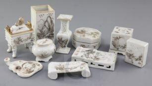 A Chinese gilt-decorated literati scholar's porcelain desk set, Guangxu period, each item