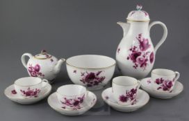 A Meissen outside decorated twenty three piece tea and coffee set, dot period c.1760, each piece