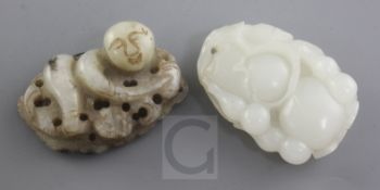 A Chinese white jade carving of gourds and a grey jade figure of a recumbent man on a leaf, 19th /