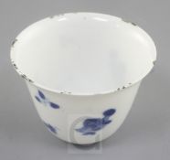 A Chinese blue and white cup, Chenghua mark, probably Kangxi period, painted with fish amid leaf