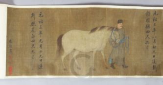 A Chinese hand scroll painting on silk of five of the horses of Mu Wang, each horse being held by