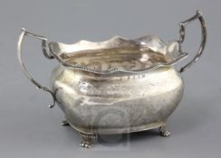 A George III Irish silver two handled sugar bowl by Richard Sawyer, of rounded rectangular form with