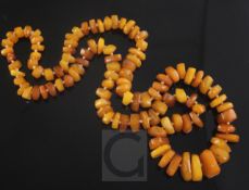 A single strand graduated jagged amber bead necklace, gross 51 grams, 68cm.