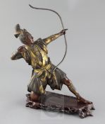 A Japanese bronze and parcel gilt figure of a kneeling archer, signed Yoshimitsu, Meiji period,