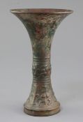 A Chinese archaic bronze ritual wine vessel, Gu, late Shang dynasty, 12th-11th century B.C.,