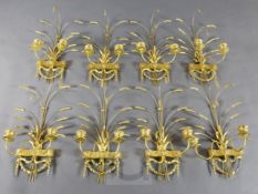 A set of eight giltwood and gesso twin branch wall sconces, of wheatsheaf and swag design, H.2ft W.