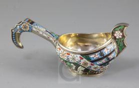 A good late 19th/early 20th century Russian 88 zolotnik and polychrome cloisonne enamel kovsh,