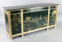 A pair of Chinoiserie green lacquered cabinets, decorated with landscapes, W.6ft2in. D.1ft.7in. H.