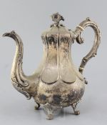 A 19th century Swedish silver pear shaped coffee pot with floral finial, on four scroll feet,