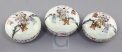 A set of three Chinese famille rose soap boxes, liners and covers, 19th century, each finely painted