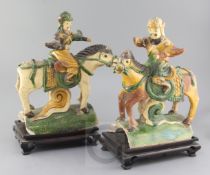 A pair of Chinese sancai glazed pottery ridge tiles, Ming dynasty, each modelled in the form of a