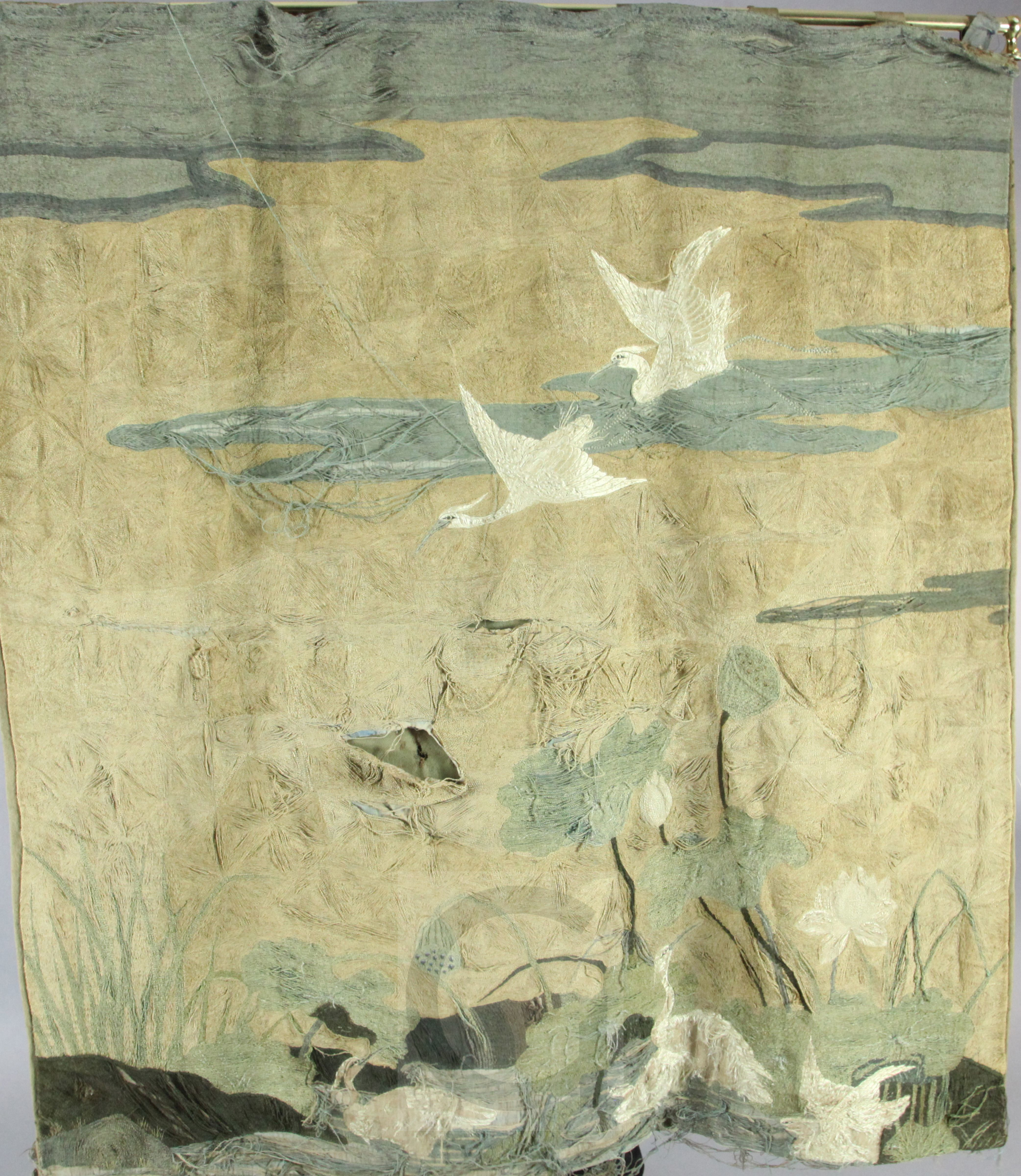 Two Japanese woven silk wall hangings, late 19th century, the first decorated with egrets on a pond, - Image 2 of 2