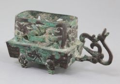 A Chinese archaic bronze brazier, Eastern Han dynasty, 25-220 A.D., the openwork sides decorated