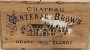 A case of twelve bottles of Chateau Cantenac Brown, Margaux, 1975, in original wooden case.