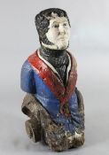 A 19th century painted oak figurehead, carved as the bust of a gentleman, H.3ft 4in.