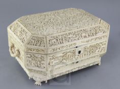 A good and impressive Chinese export ivory sewing casket, 19th century, of elongated octagonal form,