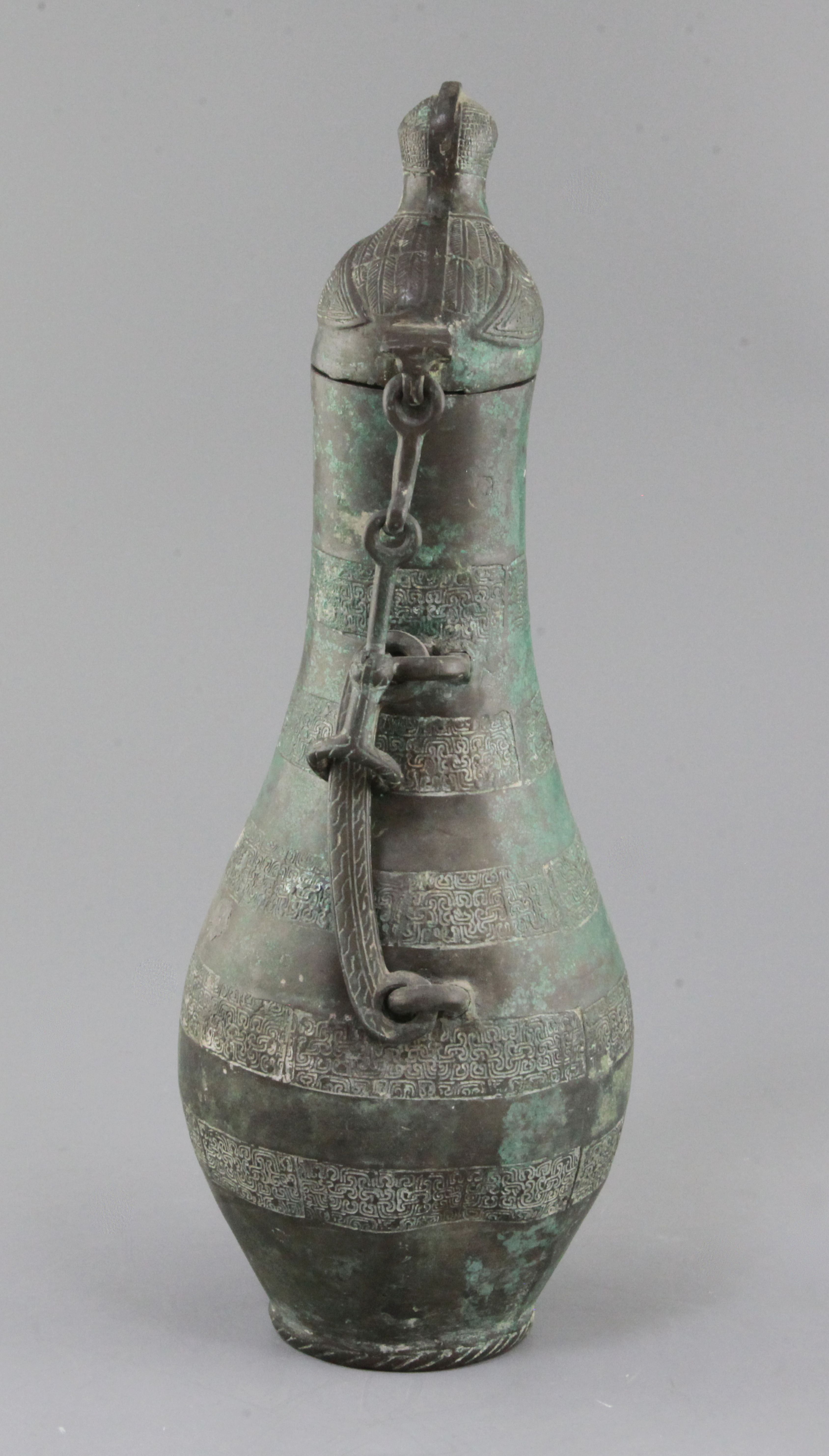 A Chinese archaic bronze flask-shaped ritual wine vessel, Hu, Eastern Zhou dynasty, 5th-4th - Image 2 of 5