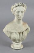 Shakespeare Wood (1827-1886). A carved white marble bust of a young lady wearing a rose garland in