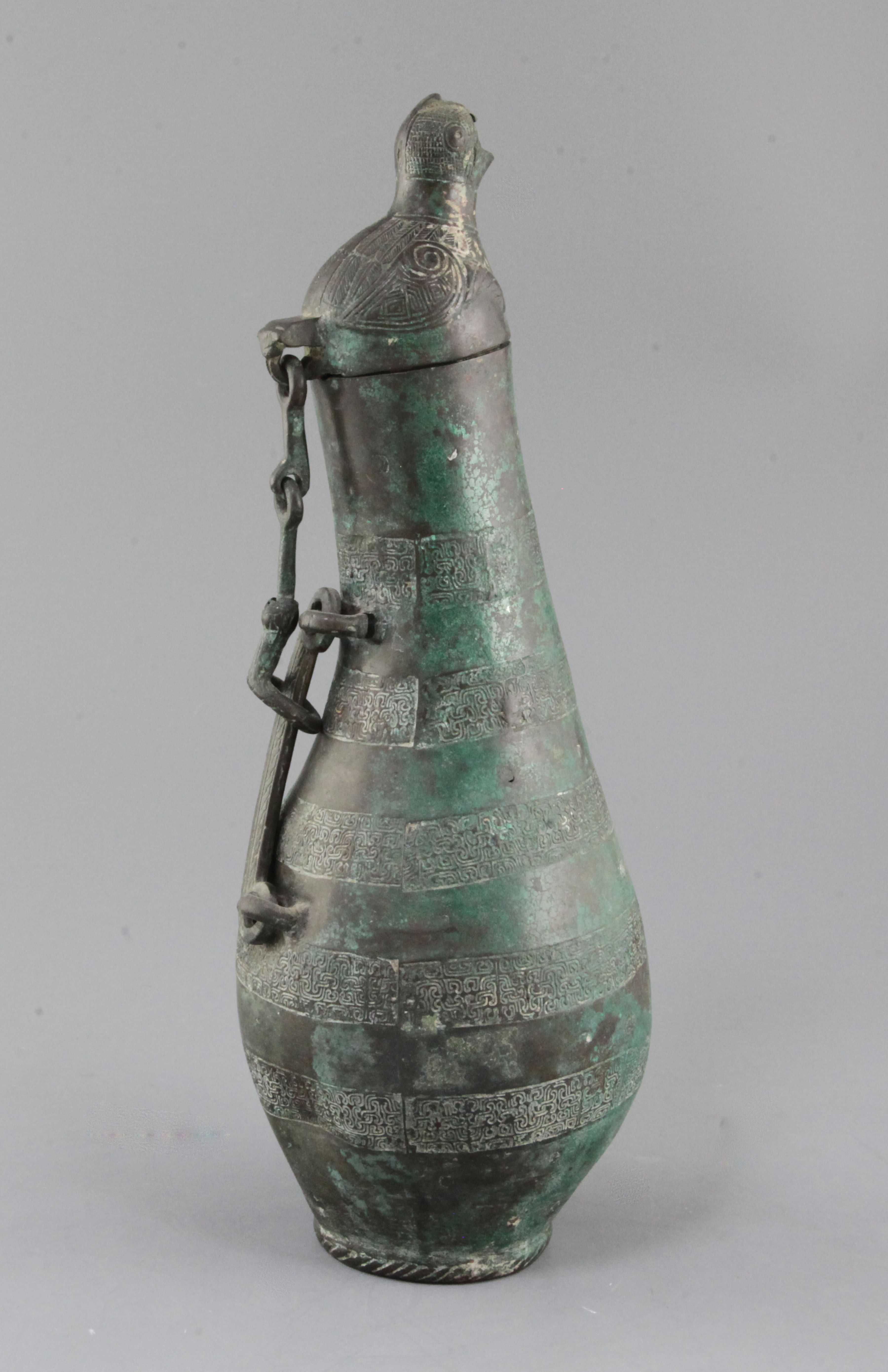 A Chinese archaic bronze flask-shaped ritual wine vessel, Hu, Eastern Zhou dynasty, 5th-4th