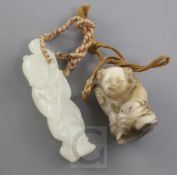 Two Chinese jade figures of boys, 19th century, the first in white jade with a boy with a monkey