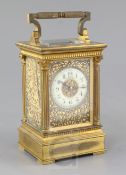 An early 20th century French quarter repeating carriage alarm clock, by Le Roy & Fils,