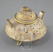 A Japanese Satsuma pottery koro and cover, Meiji period, finely decorated with a procession of