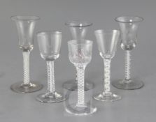 Three English opaque twist stem cordial glasses, mid 18th century, together with three continental