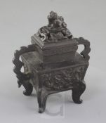 A miniature Chinese bronze censer, Fangding, 17th century, each sided cast in relief with a