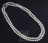 A double strand graduated cultured pearl choker necklace with gold, amethyst and white sapphire? set