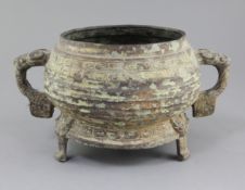 A large Chinese archaic bronze tripod ritual food vessel, Gui, late Western Zhou dynasty, 9th-8th