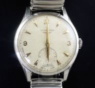 A gentleman's 1950's? stainless steel Longines manual wind wrist watch, with Arabic and arrowhead
