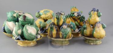 Six Chinese Canton pottery models of stacking fruit in dishes, late 19th century, including peaches,