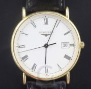 A gentleman's 18ct gold Longines quartz wrist watch, with Roman dial and date aperture, on