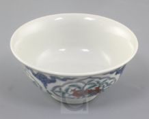 A Chinese doucai bowl, Chenghua mark, decorated to four petal lobed panels with fruiting branches,