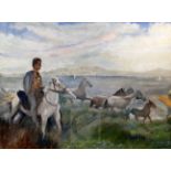 § Ronald Ossory Dunlop (1874-1973)oil on canvas,Horse rider and ponies on the shore,signed,30 x