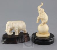 Two Japanese ivory figures of elephants, Meiji period, the first in standing pose, engraved two