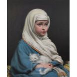 19th century French Schooloil on canvasPortrait of a girl wearing a headscarf holding a white