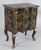 A late 19th century French chinoiserie lacquered serpentine commode, fitted two drawers on
