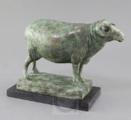 Geraldine Knight (1933-2008). A verdigris bronze, 'Ram', signed and numbered 1/5, on plinth base,