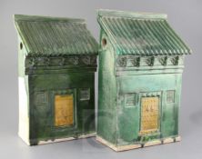 Two large Chinese sancai pottery models of houses, Ming dynasty, each with slanted roofs and ochre