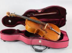 A three-quarter size cello outfit by Thibouville-Lamy, c.1890, with two-piece back, L 64cm, cased,