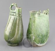 Two Chinese green-glazed flasks, possibly Liao dynasty, the first modelled with two figures of men