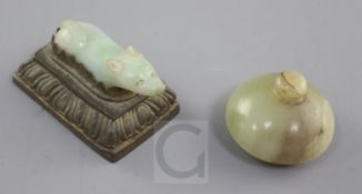 A Chinese yellow jade cover and a jadeite figure of a dog, 19th century, the dog later mounted on