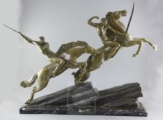 Armand Lemo. An Art Deco bronze group of an archer and spearman riding horses, on naturalistic rocky